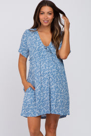 Blue Floral Tie Front Maternity Mini Dress