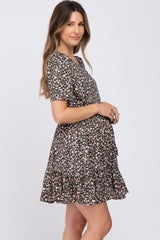 Black Floral Waist Tie Ruffle Hem Maternity Dress