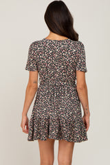 Black Floral Waist Tie Ruffle Hem Dress