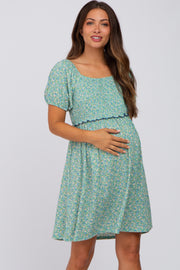 Green Floral Smocked Puff Sleeve Maternity Dress