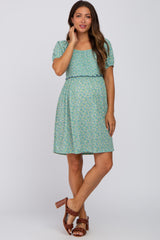 Green Floral Smocked Puff Sleeve Maternity Dress