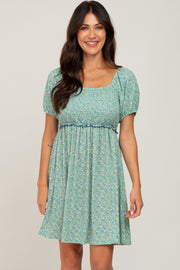 Green Floral Smocked Puff Sleeve Dress