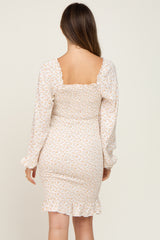 Cream Floral Sweetheart Neck Smocked Long Sleeve Maternity Dress