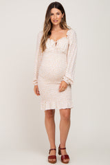 Cream Floral Sweetheart Neck Smocked Long Sleeve Maternity Dress