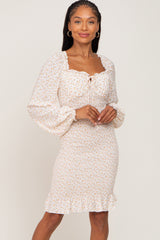 Cream Floral Sweetheart Neck Smocked Long Sleeve Maternity Dress