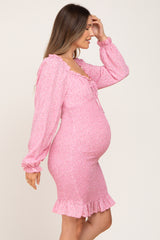 Pink Floral Sweetheart Neck Smocked Long Sleeve Maternity Dress