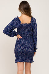 Navy Floral Sweetheart Neck Smocked Long Sleeve Maternity Dress