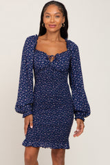 Navy Floral Sweetheart Neck Smocked Long Sleeve Maternity Dress