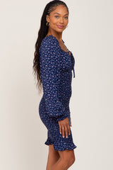 Navy Floral Sweetheart Neck Smocked Long Sleeve Dress