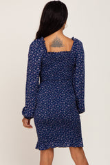 Navy Floral Sweetheart Neck Smocked Long Sleeve Dress