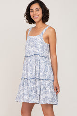 Blue Palm Printed Square Neck Ruffle Tiered Dress