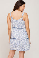 Blue Palm Printed Square Neck Ruffle Tiered Maternity Dress