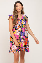 Black Multi-Color Floral Ruffle Maternity Dress