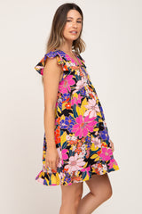 Black Multi-Color Floral Ruffle Maternity Dress