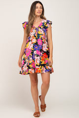 Black Multi-Color Floral Ruffle Maternity Dress