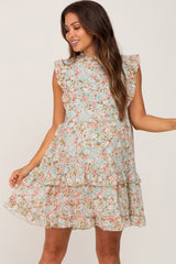 Sage Floral Ruffle Mock Neck Maternity Dress