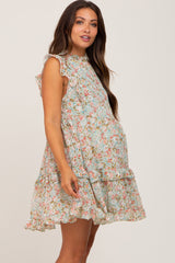 Sage Floral Ruffle Mock Neck Maternity Dress