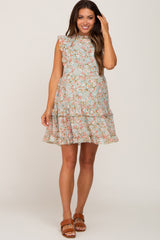 Sage Floral Ruffle Mock Neck Maternity Dress