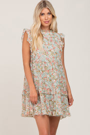 Sage Floral Ruffle Mock Neck Dress