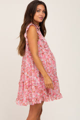 Pink Floral Ruffle Mock Neck Maternity Dress