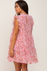 Pink Floral Ruffle Mock Neck Maternity Dress