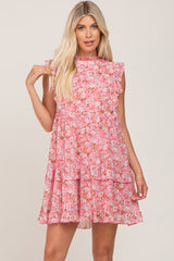 Pink Floral Ruffle Mock Neck Maternity Dress