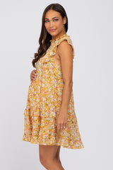 Mustard Floral Ruffle Mock Neck Maternity Dress