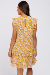 Mustard Floral Ruffle Mock Neck Maternity Dress