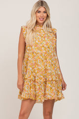 Mustard Floral Ruffle Mock Neck Maternity Dress