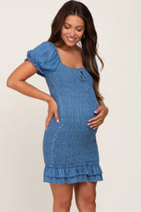 Blue Chambray Smocked Maternity Mini Dress