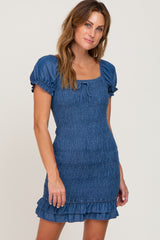 Navy Blue Chambray Smocked Mini Dress