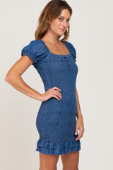 Navy Blue Chambray Smocked Mini Dress