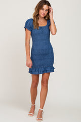 Navy Blue Chambray Smocked Mini Dress