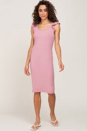 Dusty Pink Flounce Sleeve Ribbed Dress