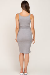 Heather Grey Ribbed Button Accent Maternity Midi Dress