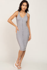 Heather Grey Ribbed Button Accent Maternity Midi Dress