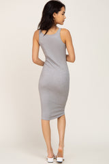 Heather Grey Ribbed Button Accent Midi Dress