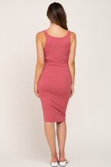 Mauve Ribbed Button Accent Maternity Midi Dress