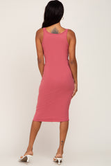 Mauve Ribbed Button Accent Midi Dress