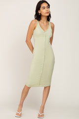 Light Green Ribbed Button Accent Maternity Midi Dress