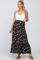 Black Floral Front Tie Ruffle Hem Maternity Maxi Skirt