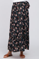 Black Floral Front Tie Ruffle Hem Maternity Maxi Skirt