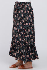 Black Floral Front Tie Ruffle Hem Maternity Maxi Skirt