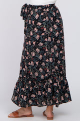 Black Floral Front Tie Ruffle Hem Maternity Maxi Skirt