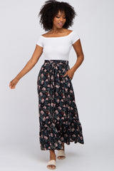 Black Floral Front Tie Ruffle Hem Maternity Maxi Skirt