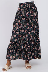 Black Floral Front Tie Ruffle Hem Maxi Skirt