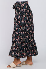 Black Floral Front Tie Ruffle Hem Maxi Skirt