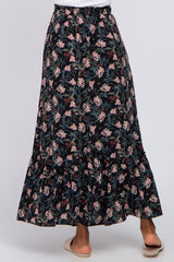 Black Floral Front Tie Ruffle Hem Maxi Skirt