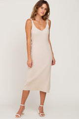 Cream Ribbed Knit V-Neck Sleeveless Midi Dress