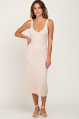 Cream Ribbed Knit V-Neck Sleeveless Midi Dress